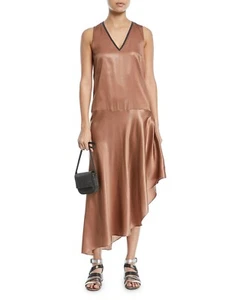 New Brunello Cucinelli V-Neck Sleeveless Laminated Silk Asymmetric dress Size XL - Picture 1 of 8