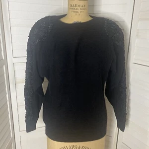80s/90s VINTAGE NILANI Black Sweater SZ Small Lambswool Beads And Ribbon Trim - Picture 1 of 10