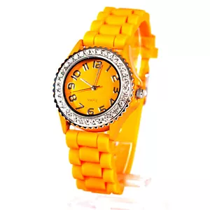 Armbanduhr Quarz Damen mit Glitzersteinen Analog Sportuhr Orange Silikon Armband - Bild 1 von 1