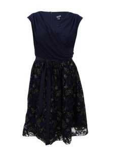 SLNY Women's Metallic-Print Fit & Flare Dress (2, Navy/Gold) - Picture 1 of 2