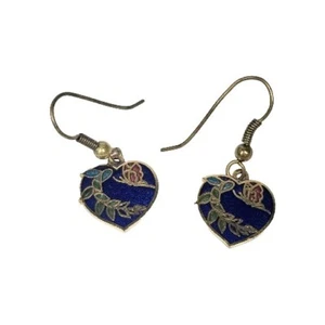 PRETTY GOLD TONE ENAMELED Blue Butterfly HEART SHAPED CLOISONNE PIERCED EARRINGS - Picture 1 of 7