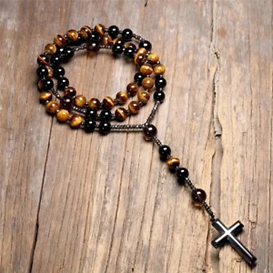 Natural Stone Tiger Eye Round Beads Long Chain Hematite Cross Rosary Beads Men