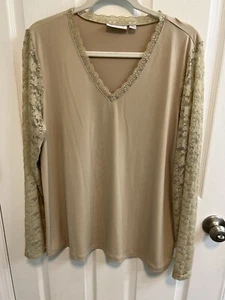 Susan Graver XL Top beige lange Spitzenärmel Borte am V-Ausschnitt gebraucht - Bild 1 von 9