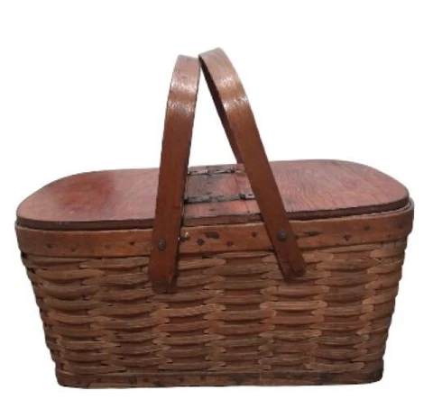Antique Hand-made Oak Splint Gathering Picnic Basket - Lidded, Double Handled Cover