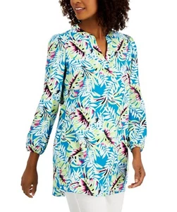 NWT ANNE KLEIN LINEN BLEND Tropical Blue Printed Split Neckline Tunic Size 2X - Picture 1 of 14