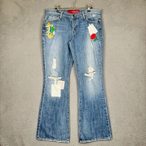 Guess Jeans Women 34x33* Blue Embroidered Floral Distressed Flared Hippy Y2K - Picture 1 of 15