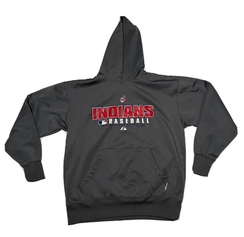 Cleveland Indians Hoodie Chief Wahoo Mens Large Gray Therma Base Majestic Cover