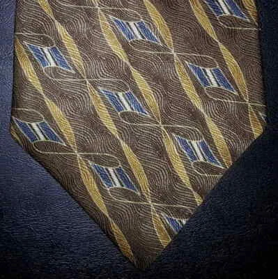 Corbata Grianfranco Ruffini seda marrón dorado azul blanco diseño geométrico nueva en caja t1733  Foto 1 de 4