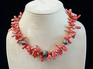 Kunsthandwerk Halskette rosa Zweig Koralle groß verziert .925 Perlen Handarbeit USA - Bild 1 von 3