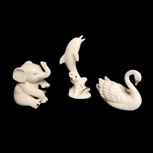 Trio of Lenox Figurines 4" Dolphin 2.5" Elephant 2.25" Swan Ivory 24K Gold Trim - Picture 1 of 14