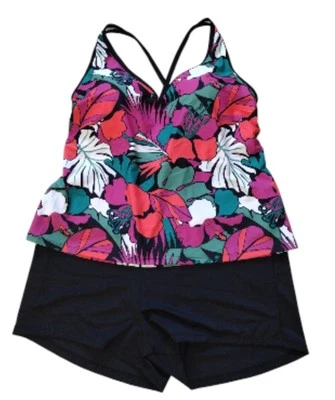 South Point Tankini Woman's  22W Green Black Floral Swim Two Pieces Race Back - Image 1 of 4