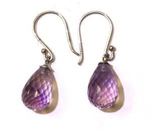925 sterling silver purple briolette Amethyst Dangle gemstone earrings 2.6g drop - Picture 1 of 4
