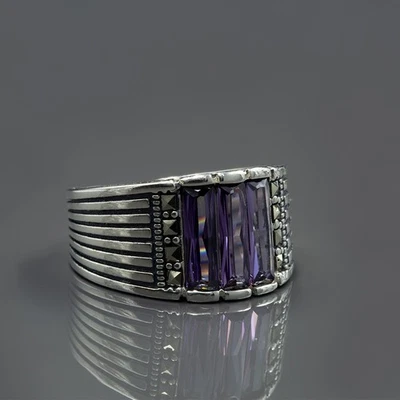 Anillo de piedras preciosas amatista púrpura grabado a mano de plata de ley 925 para hombre Foto 1 de 4