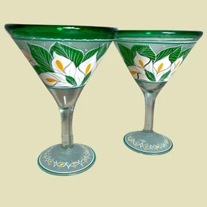 Handblown Margarita Glasses Pair Green Rim Calla Lily Painted Mexico Barware - Picture 1 of 6