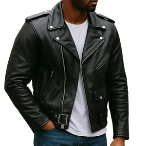 Men’s Real Genuine Leather Café Racer Jacket – Black Biker Motorcycle Slim Fit - Picture 1 of 5
