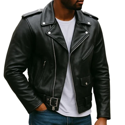 Men’s Real Genuine Leather Café Racer Jacket – Black Biker Motorcycle Slim Fit - Image 1 of 4