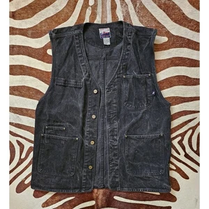 Vintage 90 Jeans West JW Black DENIM Work Streetwear Mechanic Shop Biker Vest L - Picture 1 of 3