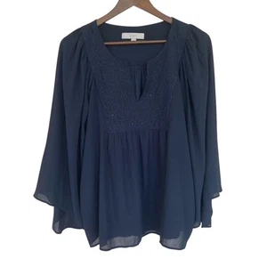 LOFT Navy Blue Floral Embroidered Design Sheer Blouse - Large - Picture 1 of 7