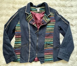 Vintage Denim Jacket Jean Patchwork Zip Up Aztec Southwestern Boho Moto Retro L - Picture 1 of 12