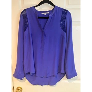 Daniel Rainn 100% Silk Blue Long Sleeve Blouse Open Crochet Detail Size S - Picture 1 of 16