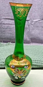 Bohemia Czechoslovakia Emerald Green Bud Vase Enameled Flowers Hand Painted - Picture 1 of 9