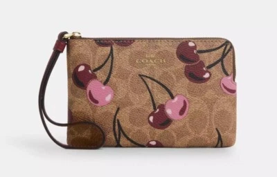 COACH Cherry Print Tan Multi Signature Canvas Corner Zip Wristlet CZ450 Cherries - Image 1 of 4