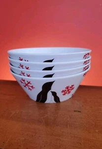 Crate & Barrel 4 Winter Melamine Bowls White Red Snowflakes Penguins 6" Holidays - Picture 1 of 7