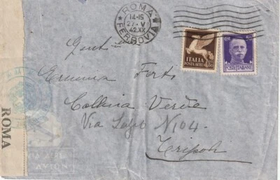 ITALY: Censored airmail cover Roma to Tripoli Libya 1942, scarce. - Image 1 of 2