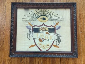 Antique 1880's Odd Fellows Framed Embroidery Watching Eye Hands /Shield - Picture 1 of 18