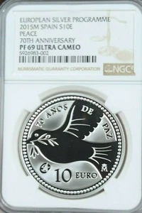 2015 SPAIN SILVER 10 EURO PEACE 70TH ANNIVERSARY NGC PF 69 ULTRA CAMEO BEAUTIFUL - Picture 1 of 4