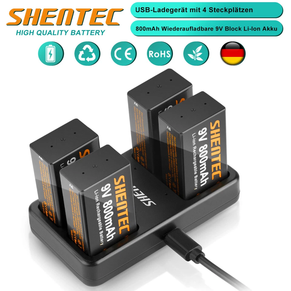 9 Volt Block Lthium Wiederaufladbare Akku Li-ion Batterie / 4 Slot 9V Ladegerät - Bild 1 von 4