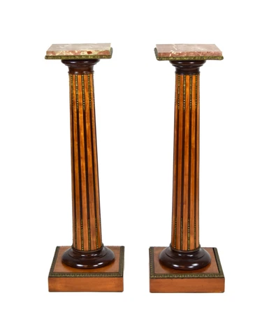 Antique Pair Neoclassical Fluted Column Pedestal Stands Bronze Mounts Marble Top Cover