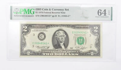 1976 $2 FR Note FR# 1935-C* 1993 Coin & Currency Set PMG 64 EPQ Choice UNC *1804 - Image 1 of 3
