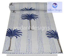 Reversible Block Kantha Quilt Blue Single Blanket Bohemian Bed Runner Gudari