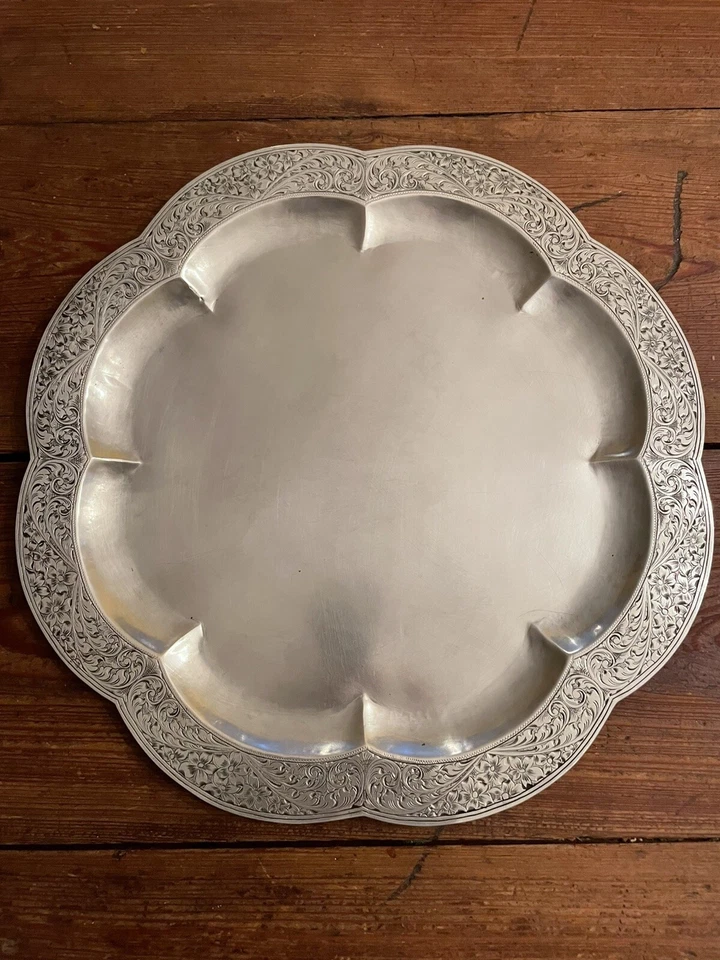 Antique Hand Etched 14” European 900 Sterling Silver Serving Platter - 1 Lb 4 Oz - Image 1 of 4