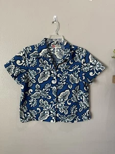 VTG Hilo Hattie Hawaiian Short Sleeve Button Top Size Large Blue White Cotton - Picture 1 of 7