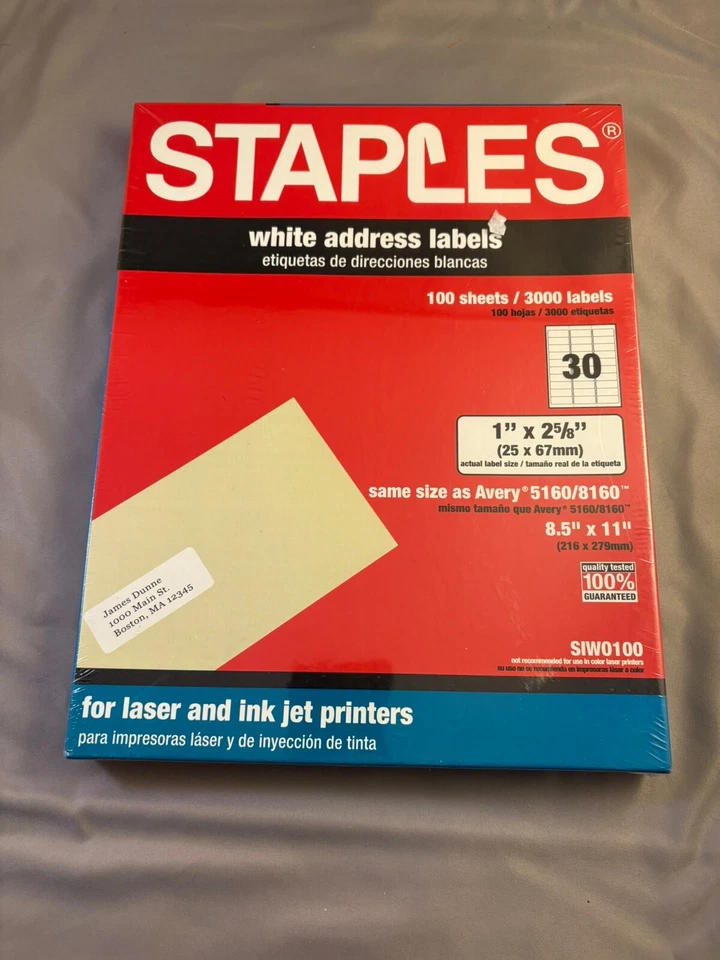 Staples Laser/Inkjet Address Labels 1" x 2 5/8" White 30 Labels/Sheet 100 Sheets - Image 1 of 4