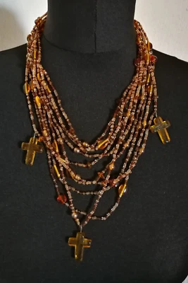 Seed Bead & Amber Glass Cross Necklace Vintage Boho Long Multi Strand Used - Immagine 1 di 4