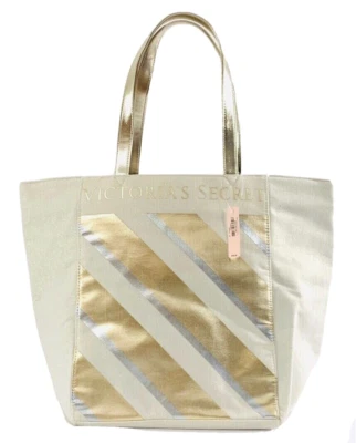 Bolsa tote Victoria Secret tamanho médio 13x10x8,5 listrada dourada bege $58 nova na bolsa - Imagem 1 de 4
