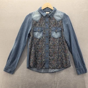 MUDD Juniors Ladies Size Small Distressed Denim Floral Western Button Up Cotton - Picture 1 of 12