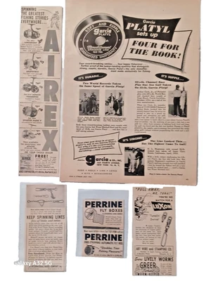 Señuelos de pesca vintage carrete caña impresión revista anuncio 1955 Perrine Airex Garcia Luxon Foto 1 de 4