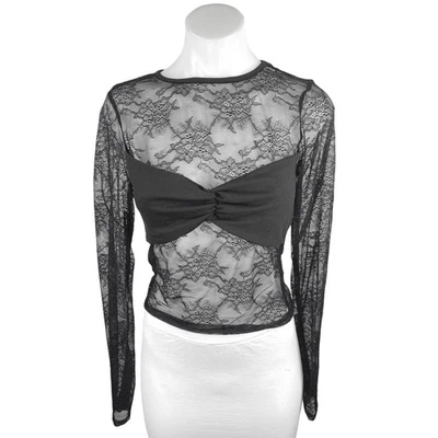 Женская черная цветочная кружевная блузка с длинным рукавом прозрачная см. корыто укороченная топ размер S - Изображение 1 из 4