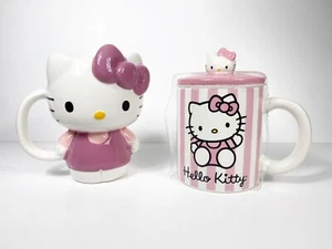 Set of 2 ~ 3D Hello Kitty & Pink Striped Mug  Topper Lid Purple 20oz Sanrio NEW - Picture 1 of 7
