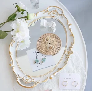 Antik weiß ästhetisch Vintage geschnitzter Spiegel oval Deko Tablett - Bild 1 von 7