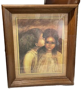 Home Interiors Framed Print First Kiss Ethnic Little Kiss 20"x17" Margaret Kane - Picture 1 of 8