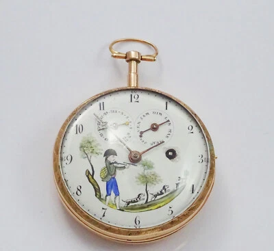 Spindeltaschenuhr mit Tag und Datum in 18Kt/750 Roségold ca. 1820! Jagdmotiv!  - Bild 1 von 4
