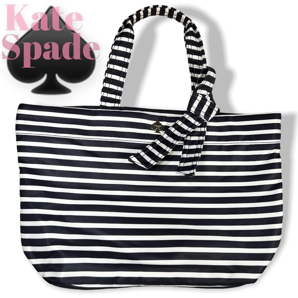 KATE SPADE NEW YORK Barbara Flatiron Nylon Bag Black White Stripe Tote Beach  - Image 1 of 4