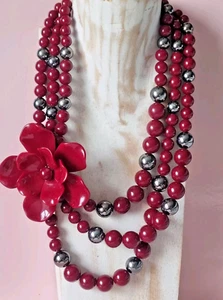 Three strand Burgandy Deep Red Large Flower silver Beaded Statement Necklace - Picture 1 of 12