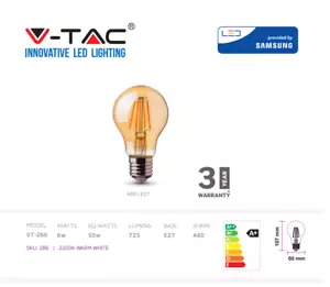 V-TAC LED Birne, Filament Bernstein Birne, 6 W E27 A60 - warmweiß - Bild 1 von 1