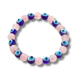 Evil Eye Rose Quartz Bead Handmade Bracelet Negative Energy Sent in Gift Pouch - Picture 1 of 4